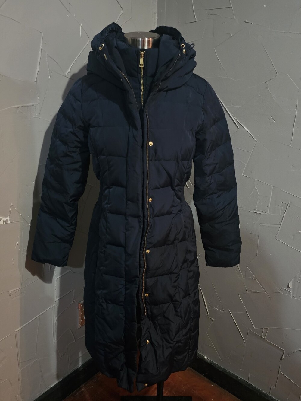 Cole Haan Women's Navy Long Puffer Coat with Hoodal - Slightly Used
